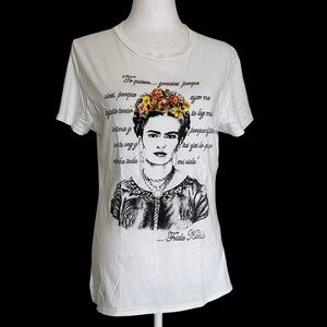 Frida Kahlo White Graphic Tee with Floral Crown Cotton